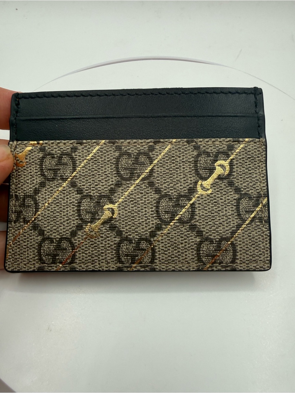 Monogram Canvas Card Holder with Gold Diagonal Accents - Black & Beige